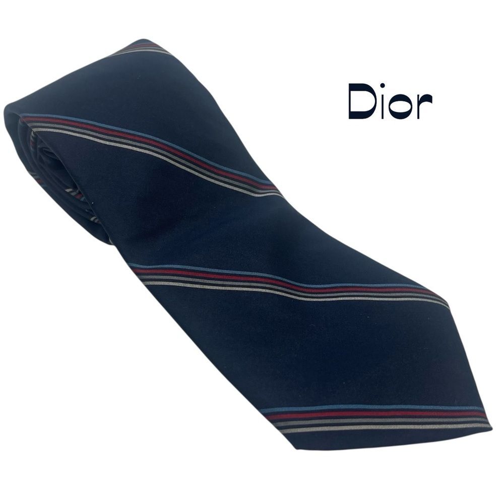 Christian Dior Navy Red Striped Italian Silk Necktie Luxury Designer Career